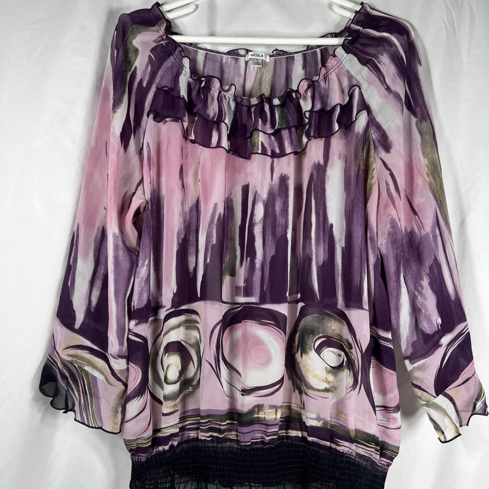 NICOLA Women's Sheer Purple Blouse Size L Abstract Print Long Sleeve Button-Up - Picture 2 of 15